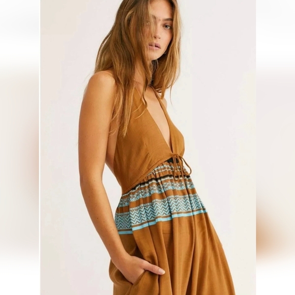 Free People Pants - NEW Free People Palm Beach Printed Wide leg Halter Jumpsuit Boho Bronze Large